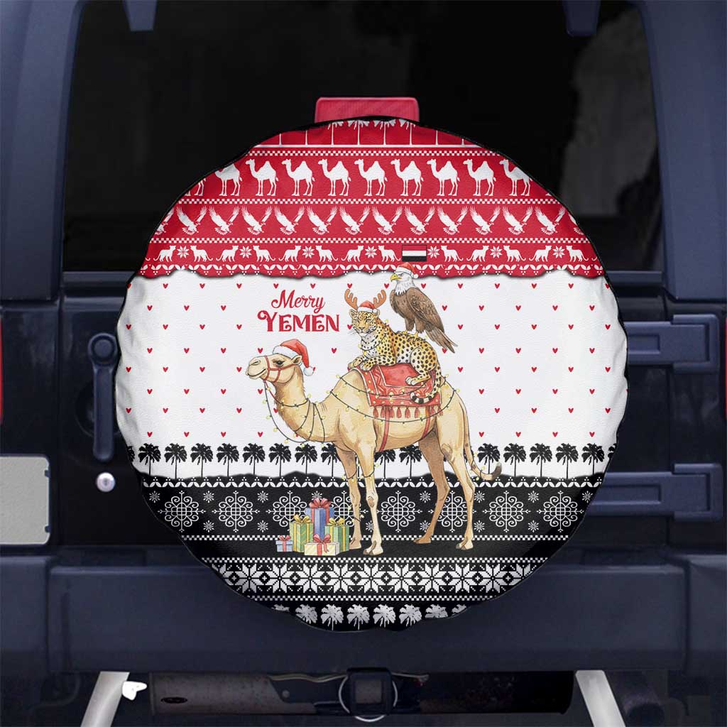 Yemen Christmas Spare Tire Cover with Camel Leopard Falcon Red Black White Snowflake - Wonder Print Shop