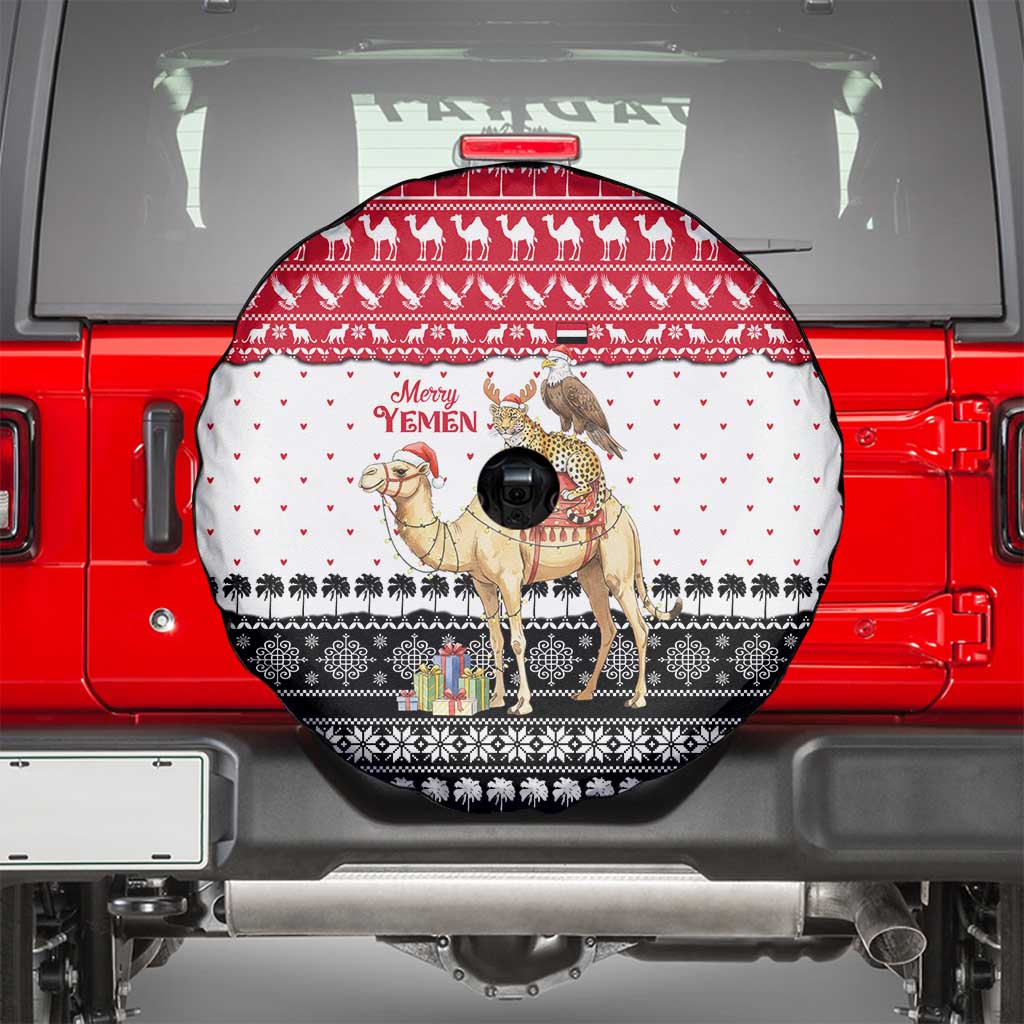 Yemen Christmas Spare Tire Cover with Camel Leopard Falcon Red Black White Snowflake - Wonder Print Shop