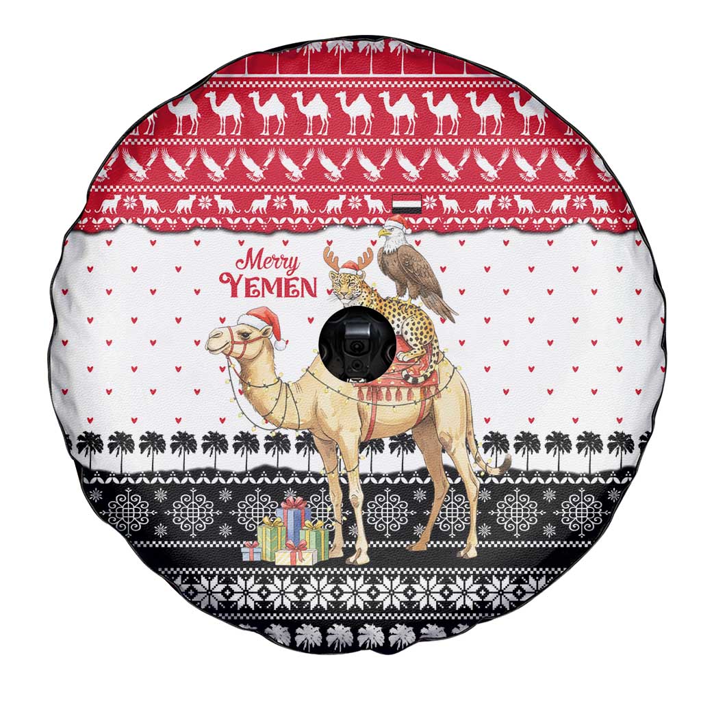 Yemen Christmas Spare Tire Cover with Camel Leopard Falcon Red Black White Snowflake - Wonder Print Shop
