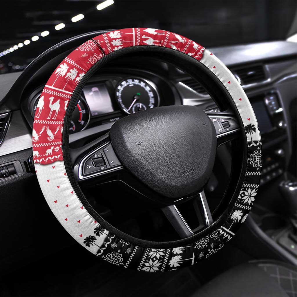 Yemen Christmas Steering Wheel Cover with Camel Leopard Falcon Red Black White Snowflake - Wonder Print Shop