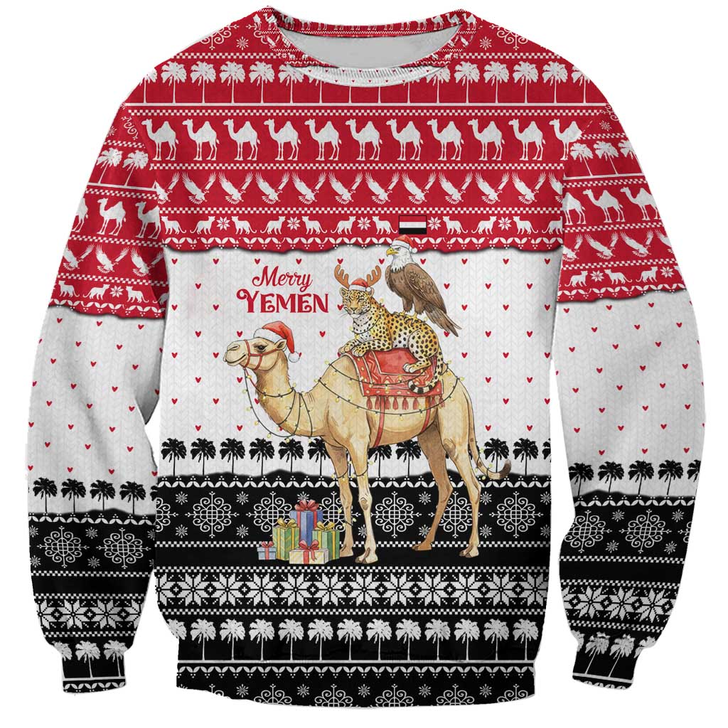 Yemen Christmas Sweatshirt with Camel Leopard Falcon Red Black White Snowflake - Wonder Print Shop