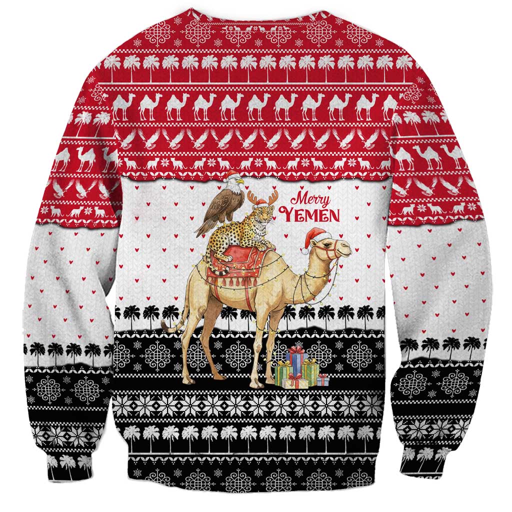 Yemen Christmas Sweatshirt with Camel Leopard Falcon Red Black White Snowflake - Wonder Print Shop