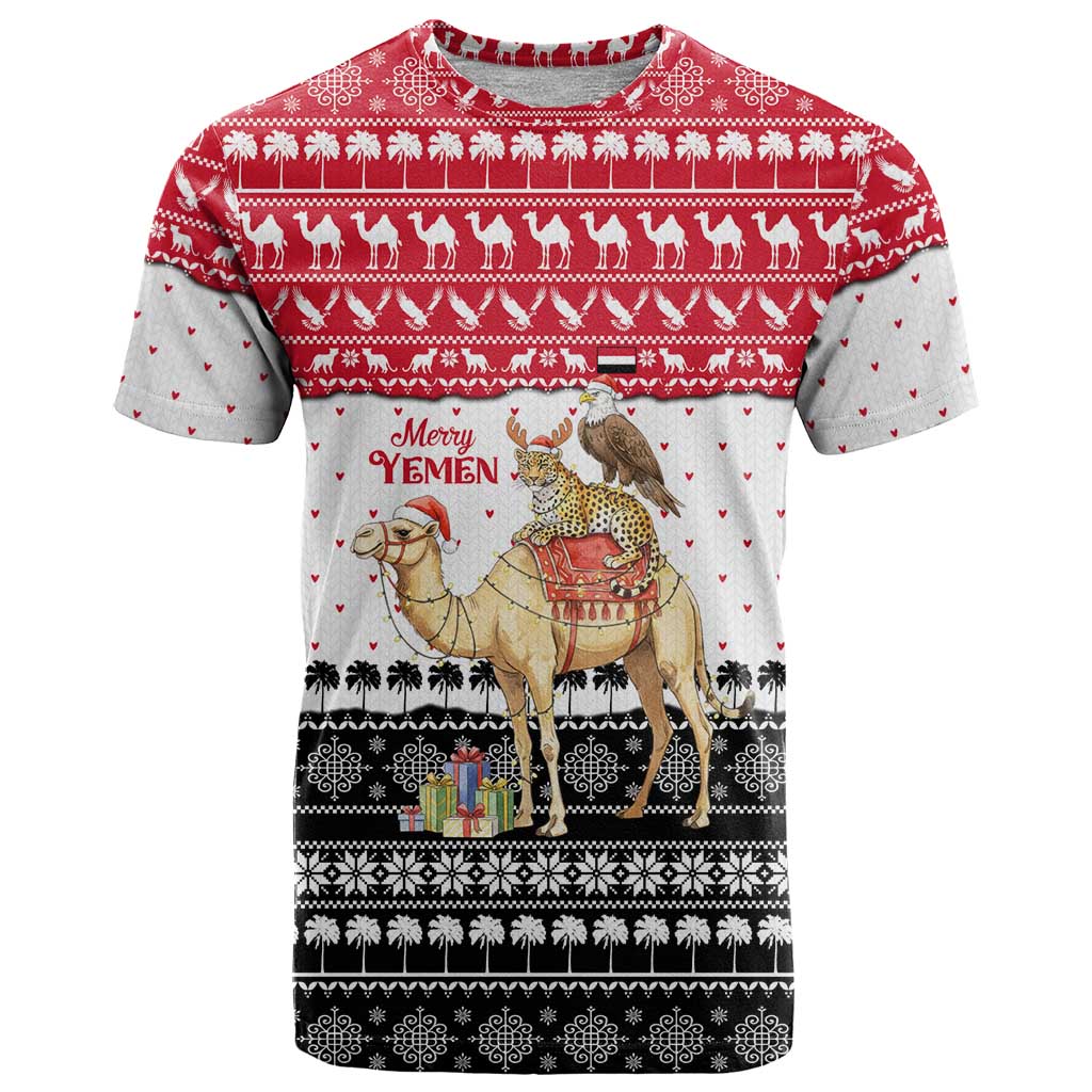 Yemen Christmas T Shirt with Camel Leopard Falcon Red Black White Snowflake - Wonder Print Shop