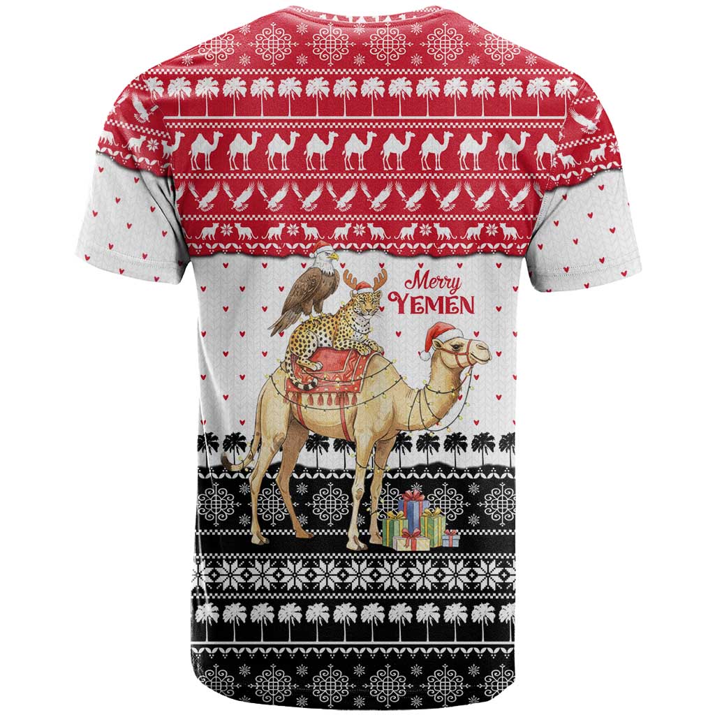 Yemen Christmas T Shirt with Camel Leopard Falcon Red Black White Snowflake - Wonder Print Shop