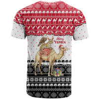 Yemen Christmas T Shirt with Camel Leopard Falcon Red Black White Snowflake - Wonder Print Shop