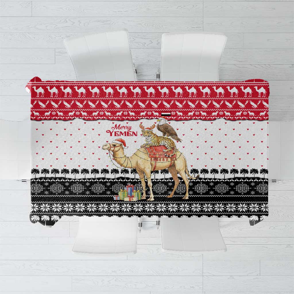 Yemen Christmas Tablecloth with Camel Leopard Falcon Red Black White Snowflake - Wonder Print Shop
