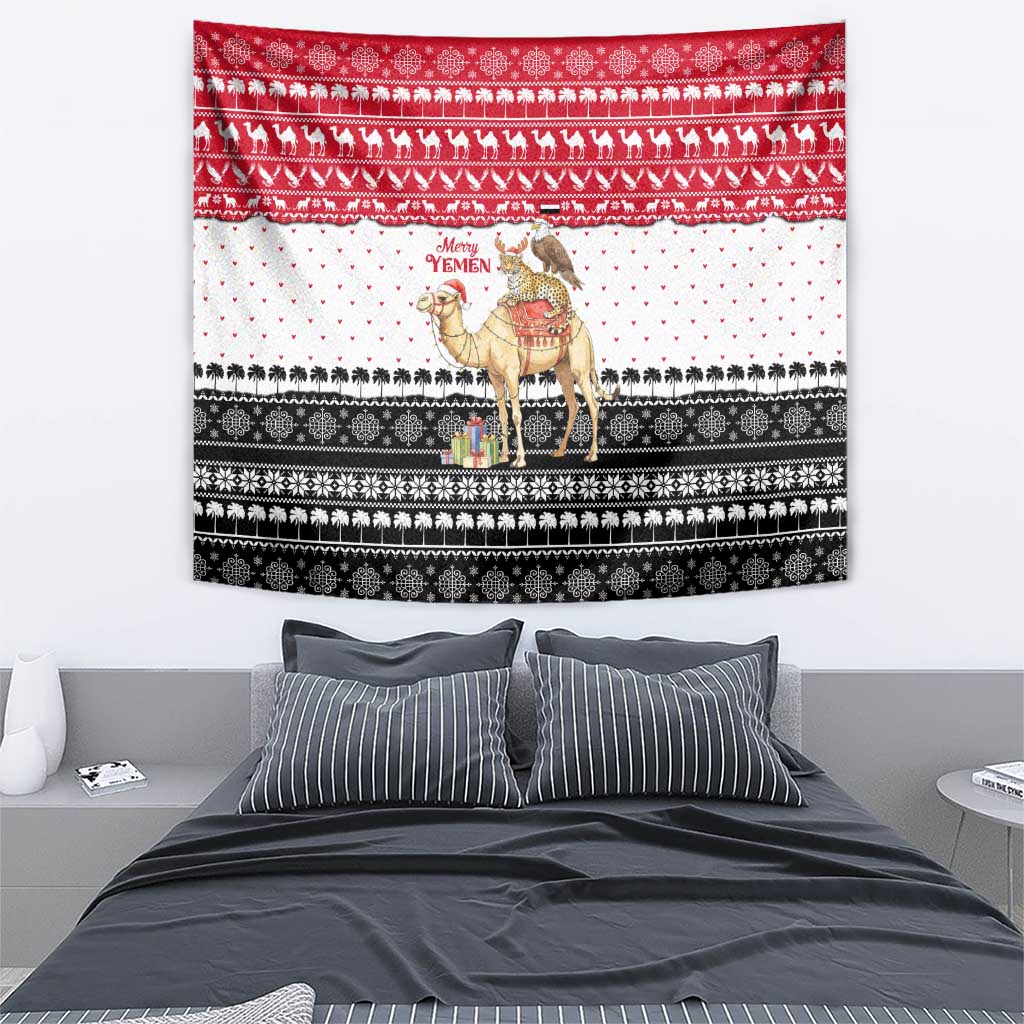 Yemen Christmas Tapestry with Camel Leopard Falcon Red Black White Snowflake - Wonder Print Shop