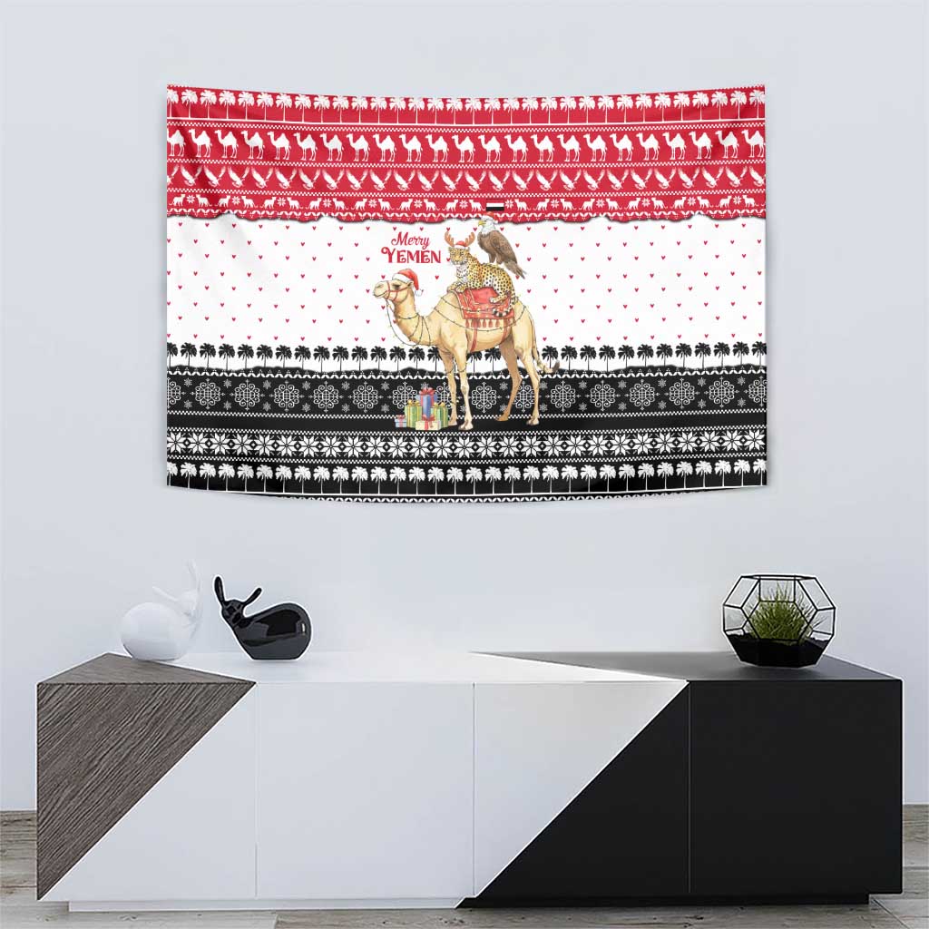 Yemen Christmas Tapestry with Camel Leopard Falcon Red Black White Snowflake - Wonder Print Shop