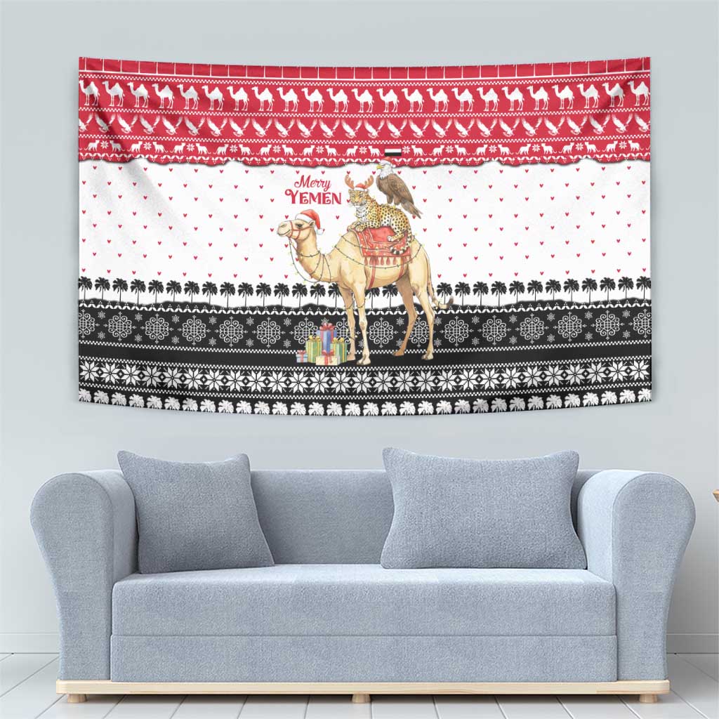 Yemen Christmas Tapestry with Camel Leopard Falcon Red Black White Snowflake - Wonder Print Shop