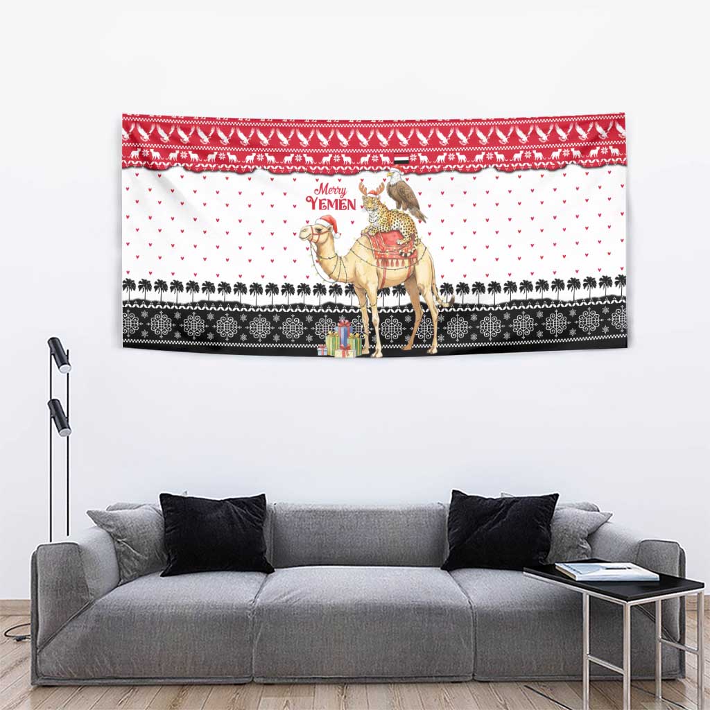 Yemen Christmas Tapestry with Camel Leopard Falcon Red Black White Snowflake - Wonder Print Shop