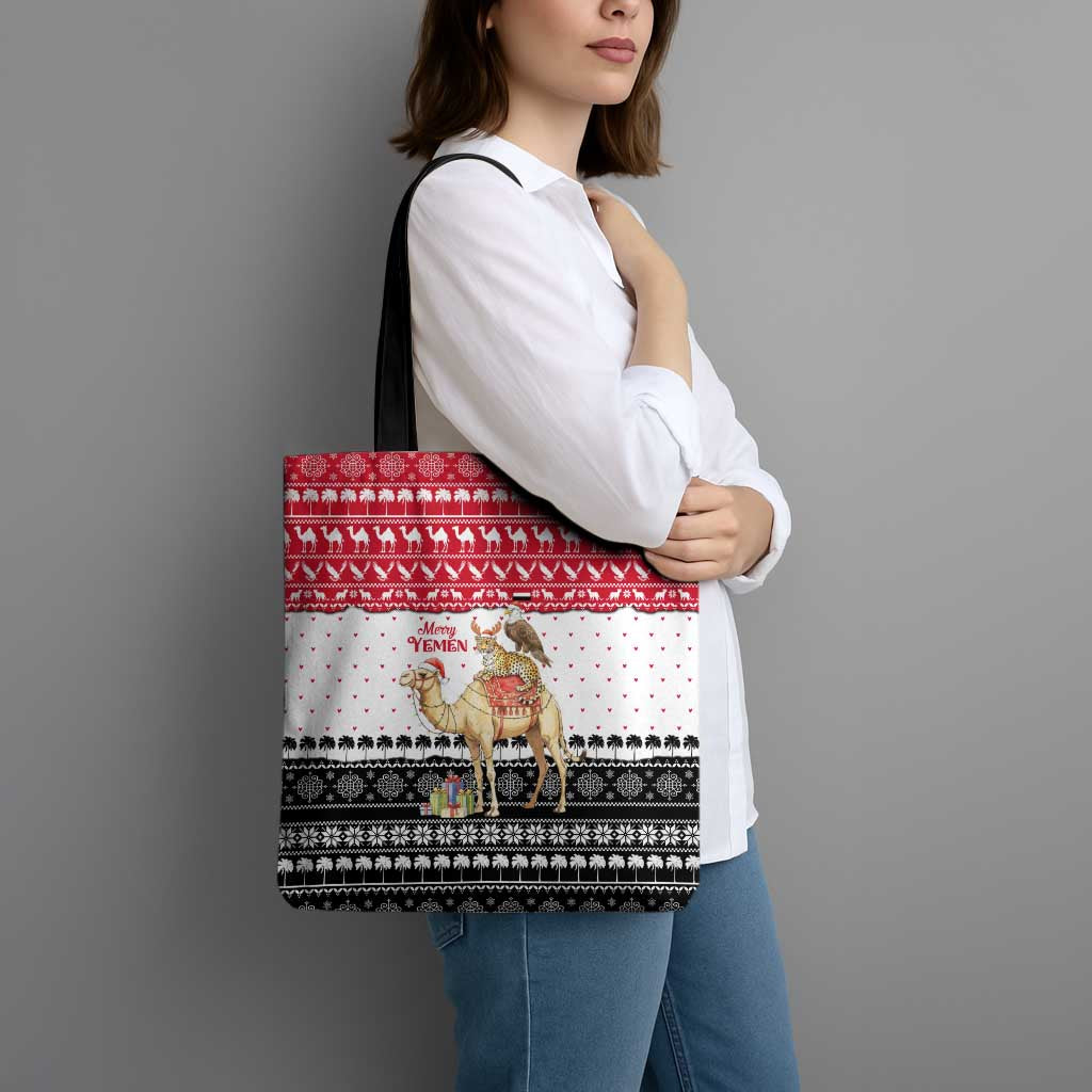 Yemen Christmas Tote Bag with Camel Leopard Falcon Red Black White Snowflake - Wonder Print Shop