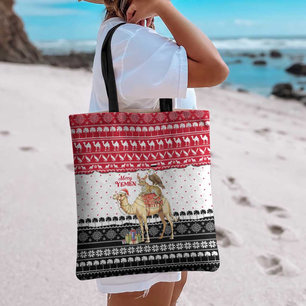Yemen Christmas Tote Bag with Camel Leopard Falcon Red Black White Snowflake - Wonder Print Shop