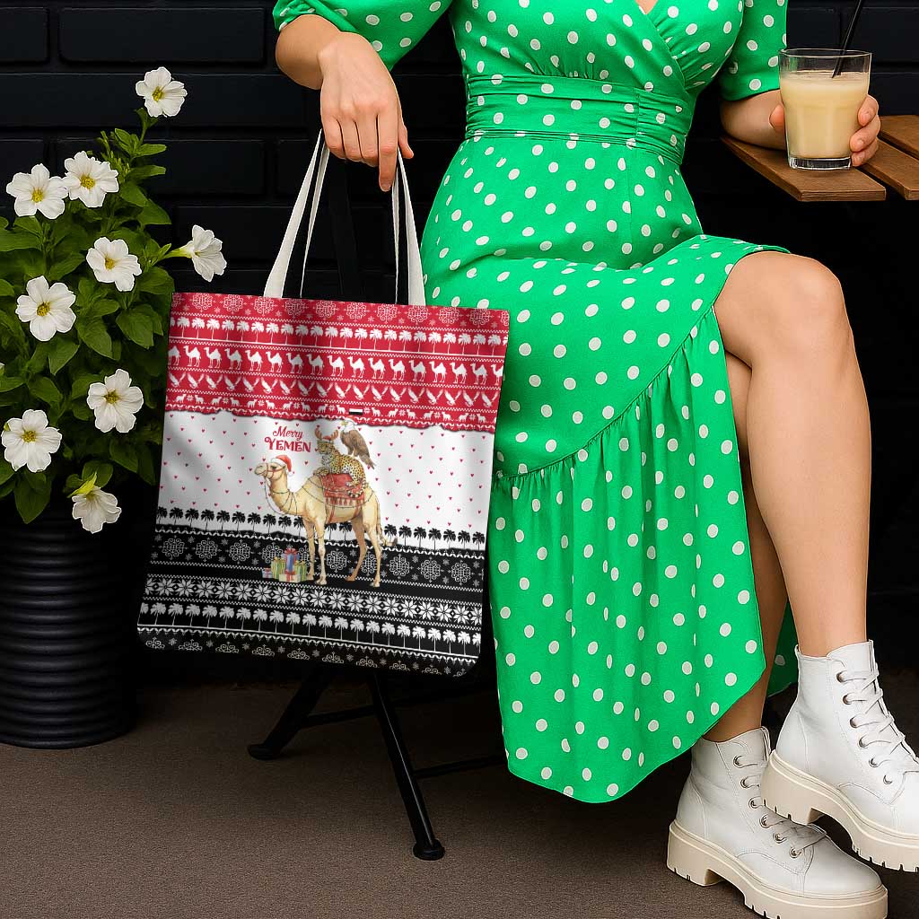Yemen Christmas Tote Bag with Camel Leopard Falcon Red Black White Snowflake - Wonder Print Shop