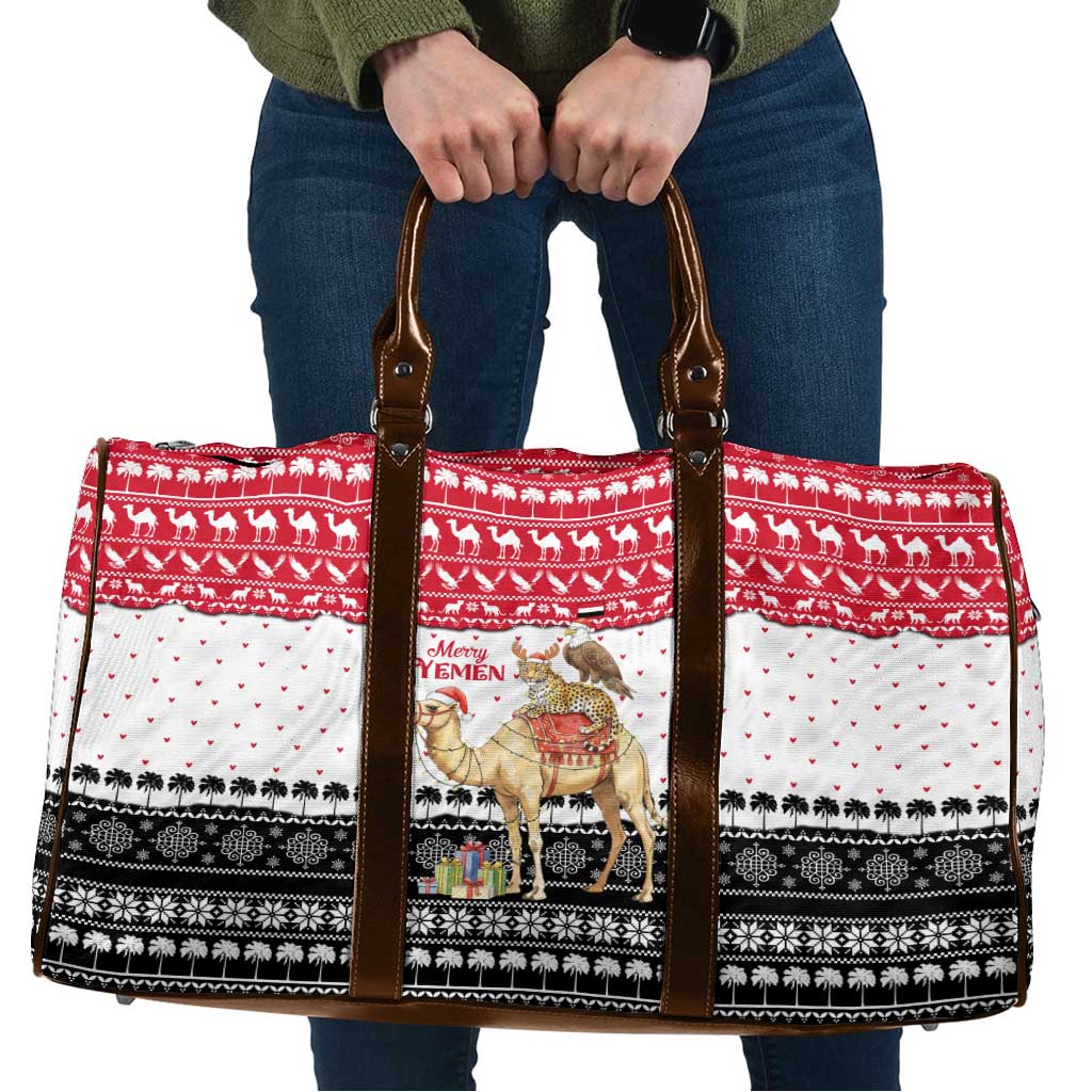 Yemen Christmas Travel Bag with Camel Leopard Falcon Red Black White Snowflake - Wonder Print Shop