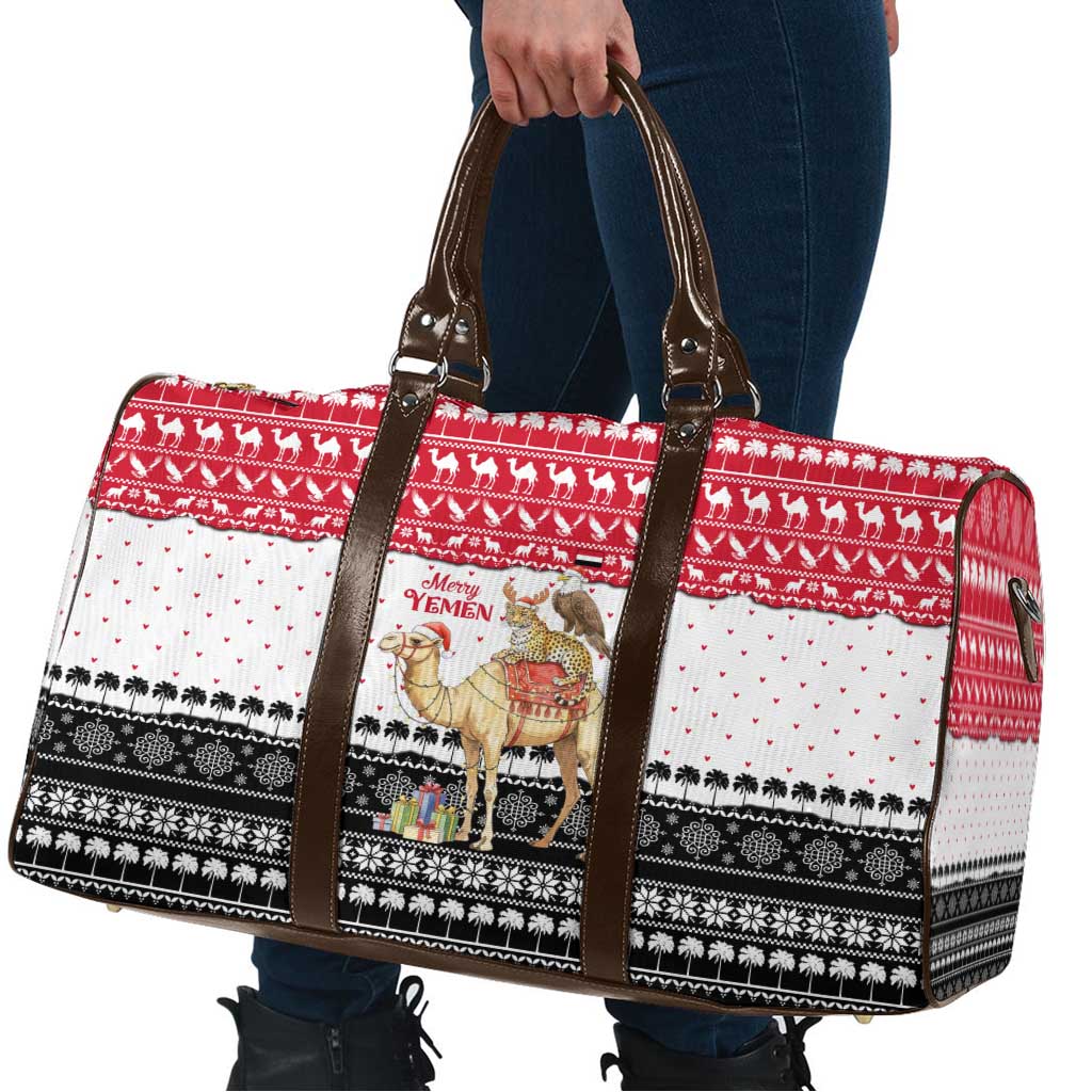 Yemen Christmas Travel Bag with Camel Leopard Falcon Red Black White Snowflake - Wonder Print Shop