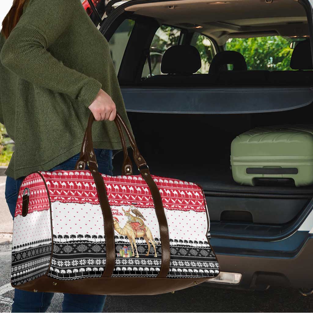 Yemen Christmas Travel Bag with Camel Leopard Falcon Red Black White Snowflake - Wonder Print Shop