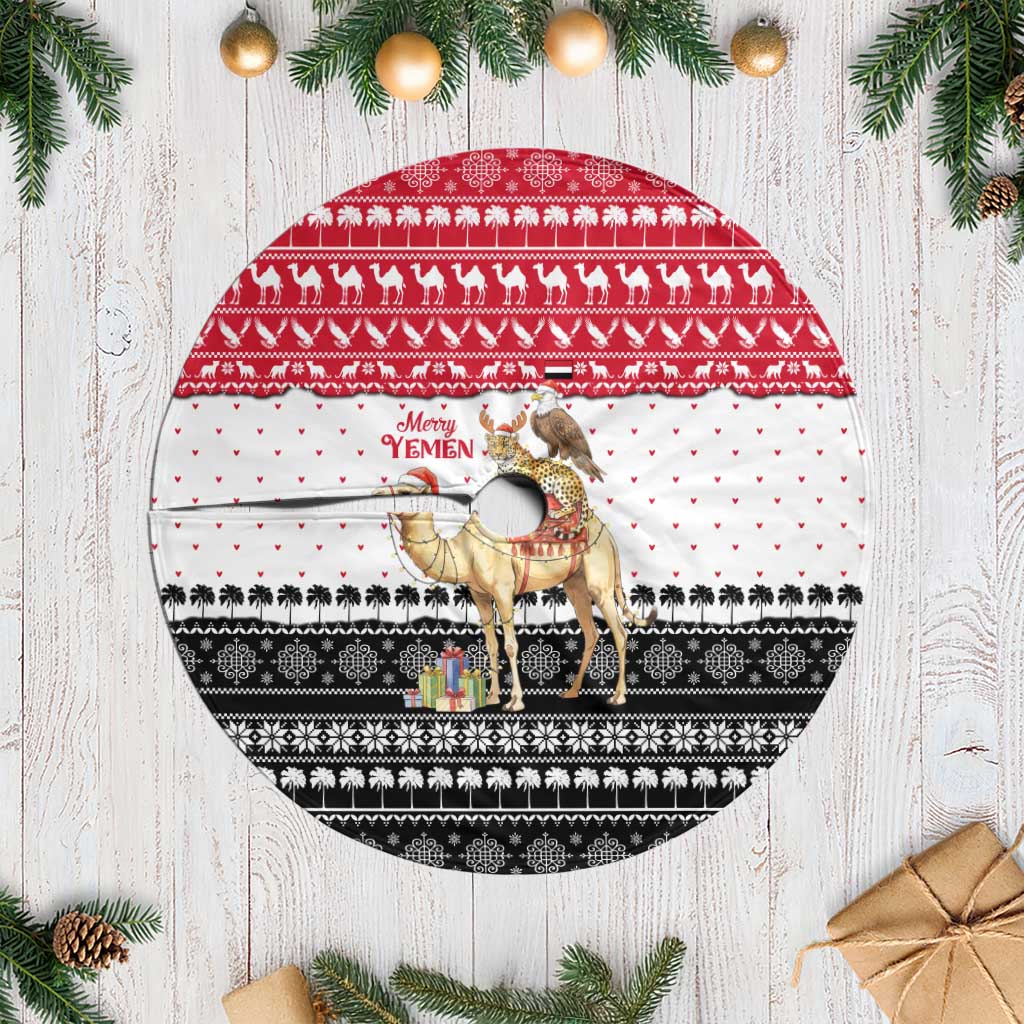 Yemen Christmas Tree Skirt with Camel Leopard Falcon Red Black White Snowflake - Wonder Print Shop
