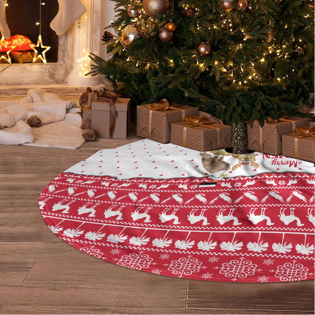 Yemen Christmas Tree Skirt with Camel Leopard Falcon Red Black White Snowflake - Wonder Print Shop