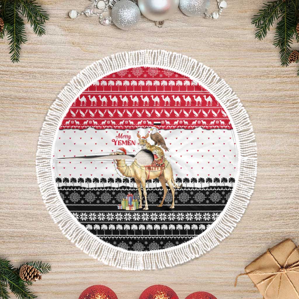 Yemen Christmas Tree Skirt with Camel Leopard Falcon Red Black White Snowflake - Wonder Print Shop