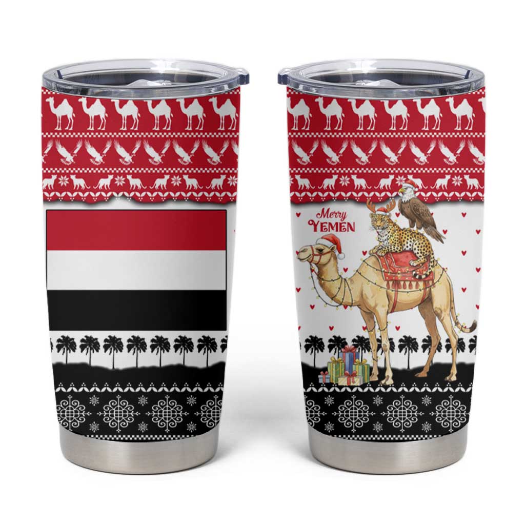Yemen Christmas Tumbler Cup with Camel Leopard Falcon Red Black White Snowflake - Wonder Print Shop