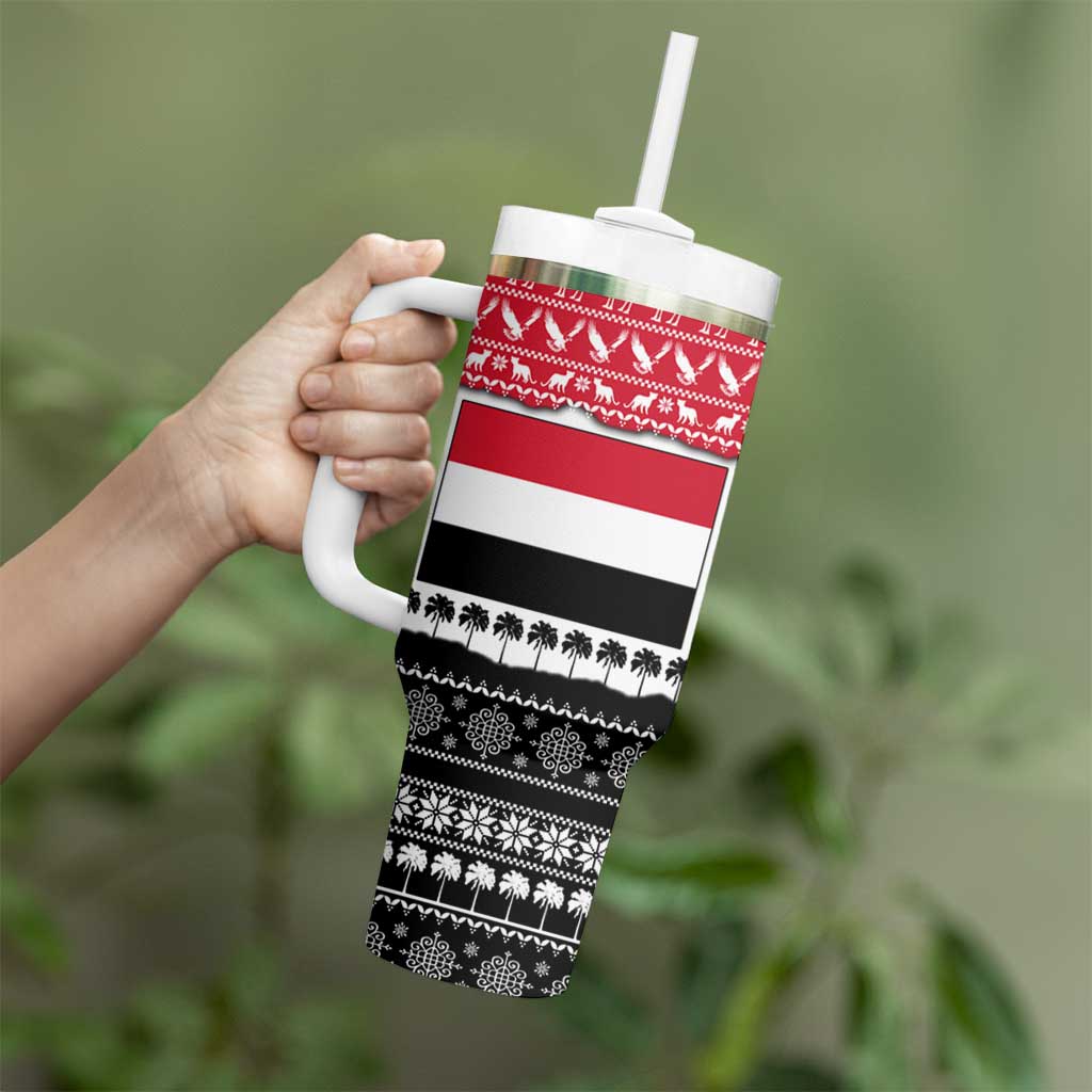 Yemen Christmas Tumbler With Handle with Camel Leopard Falcon Red Black White Snowflake - Wonder Print Shop
