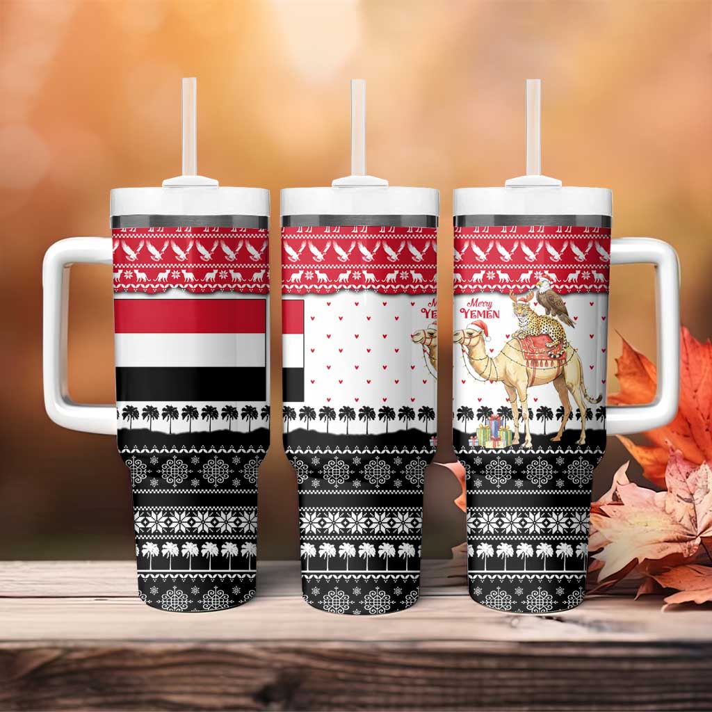 Yemen Christmas Tumbler With Handle with Camel Leopard Falcon Red Black White Snowflake - Wonder Print Shop