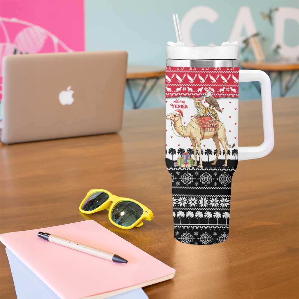 Yemen Christmas Tumbler With Handle with Camel Leopard Falcon Red Black White Snowflake - Wonder Print Shop