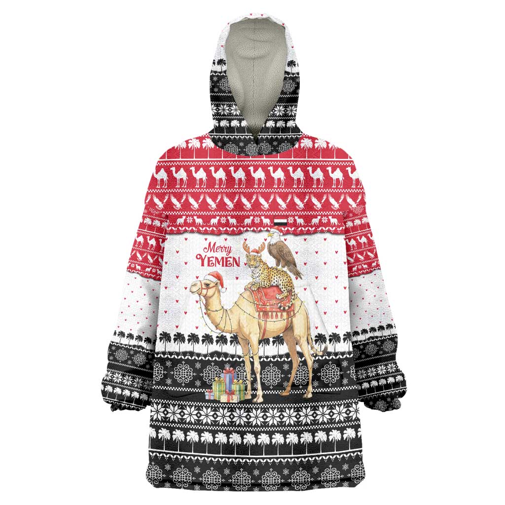 Yemen Christmas Wearable Blanket Hoodie with Camel Leopard Falcon Red Black White Snowflake - Wonder Print Shop
