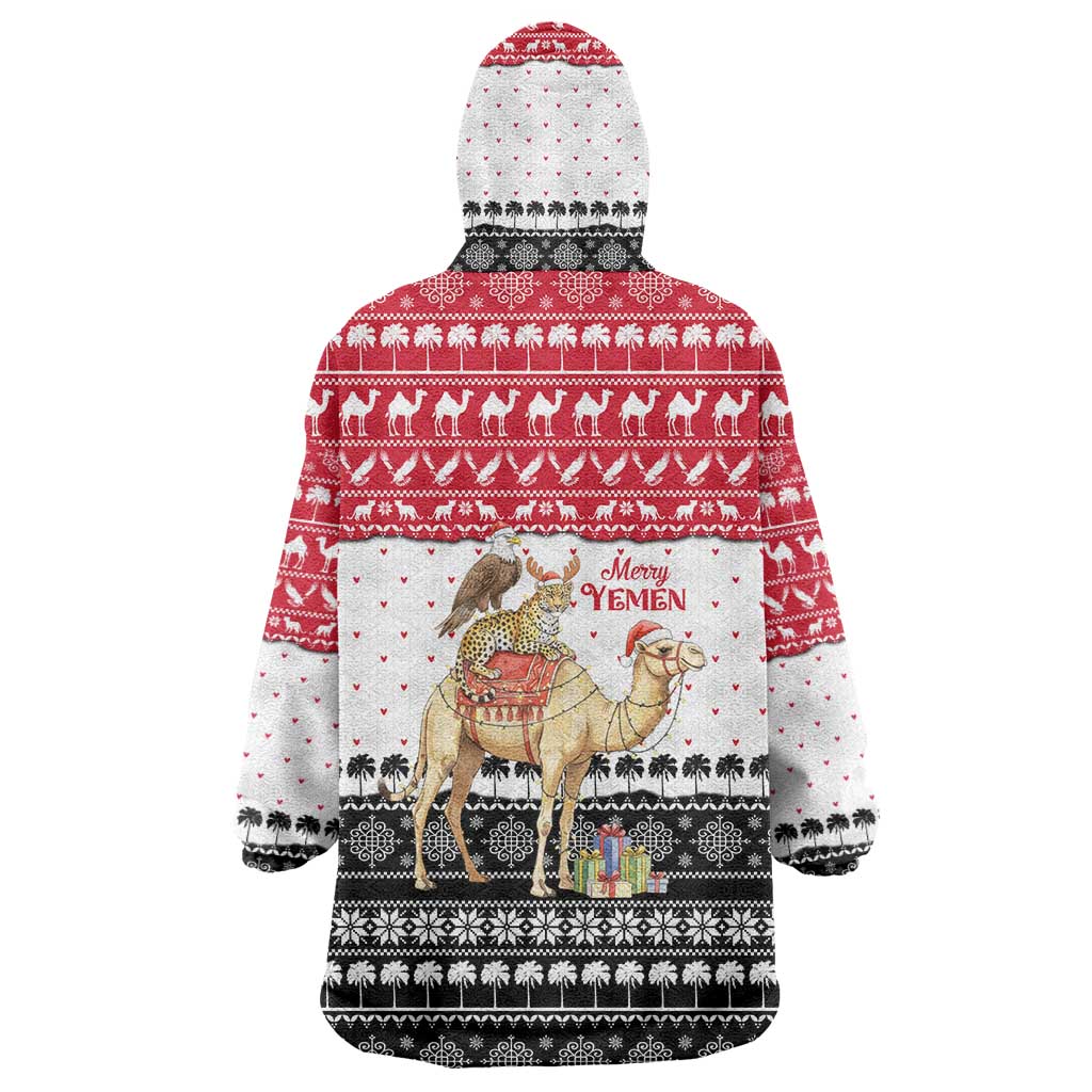 Yemen Christmas Wearable Blanket Hoodie with Camel Leopard Falcon Red Black White Snowflake - Wonder Print Shop