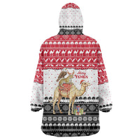 Yemen Christmas Wearable Blanket Hoodie with Camel Leopard Falcon Red Black White Snowflake - Wonder Print Shop