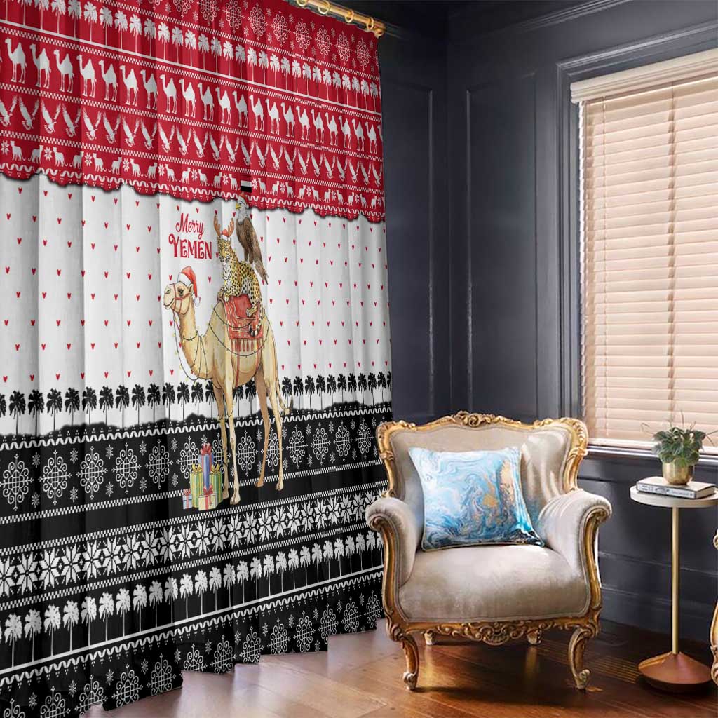 Yemen Christmas Window Curtain with Camel Leopard Falcon Red Black White Snowflake - Wonder Print Shop