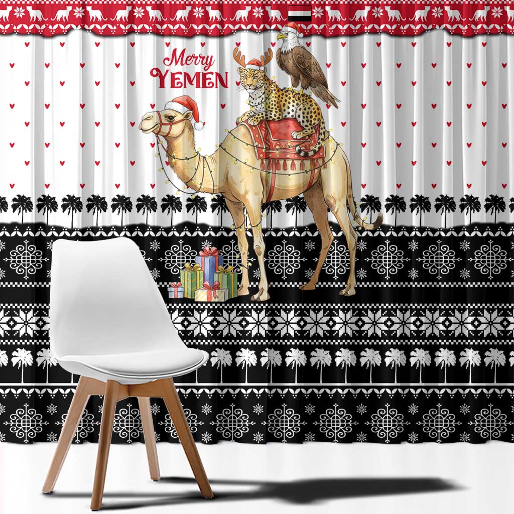 Yemen Christmas Window Curtain with Camel Leopard Falcon Red Black White Snowflake - Wonder Print Shop