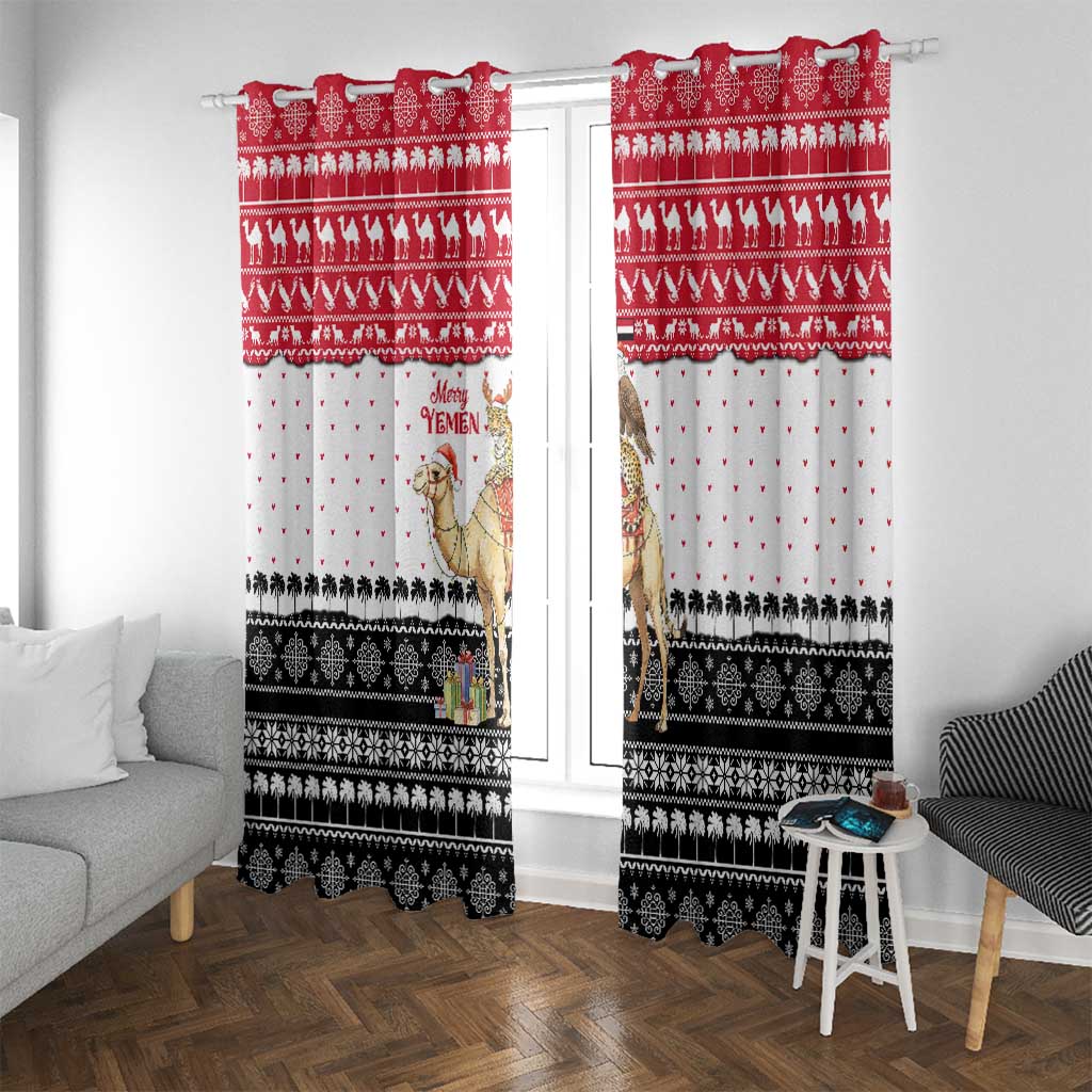Yemen Christmas Window Curtain with Camel Leopard Falcon Red Black White Snowflake - Wonder Print Shop