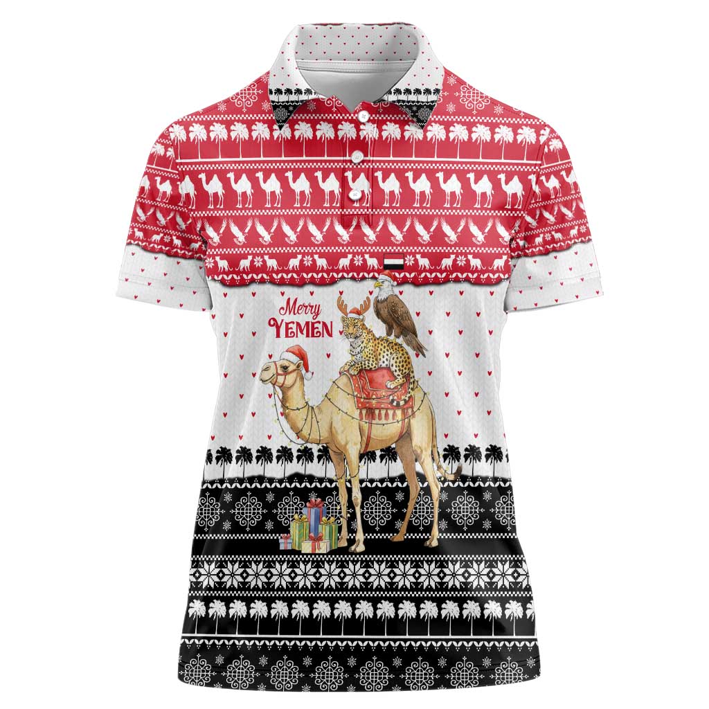 Yemen Christmas Women Polo Shirt with Camel Leopard Falcon Red Black White Snowflake - Wonder Print Shop