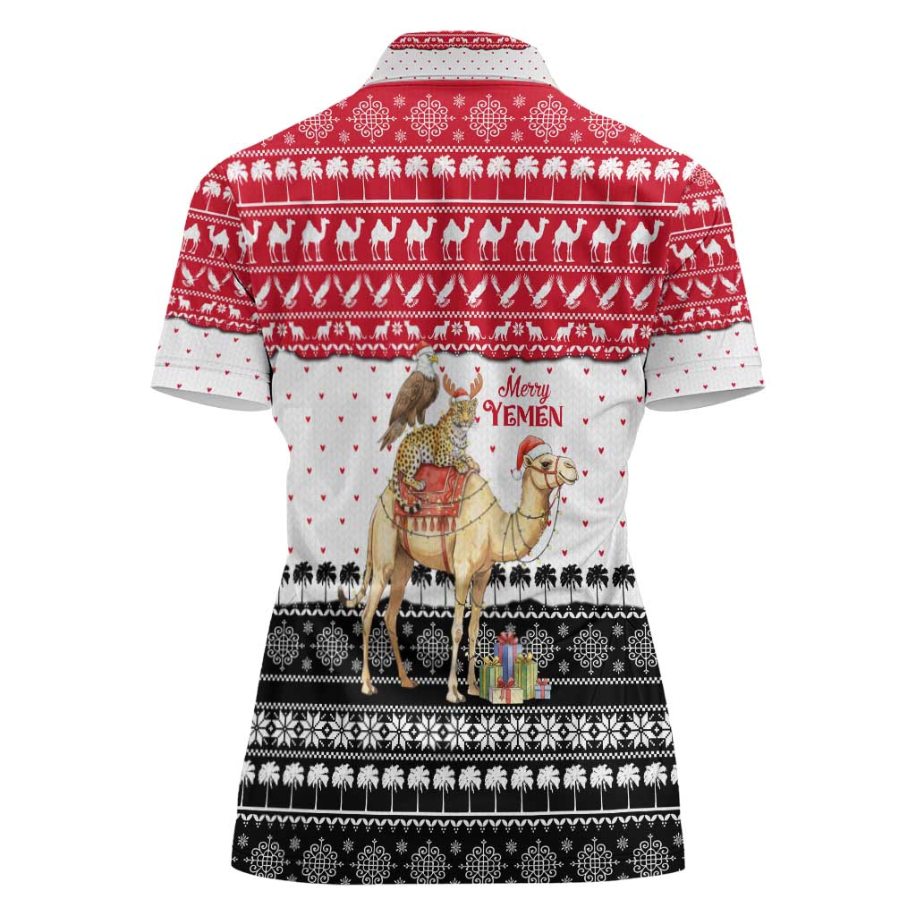 Yemen Christmas Women Polo Shirt with Camel Leopard Falcon Red Black White Snowflake - Wonder Print Shop