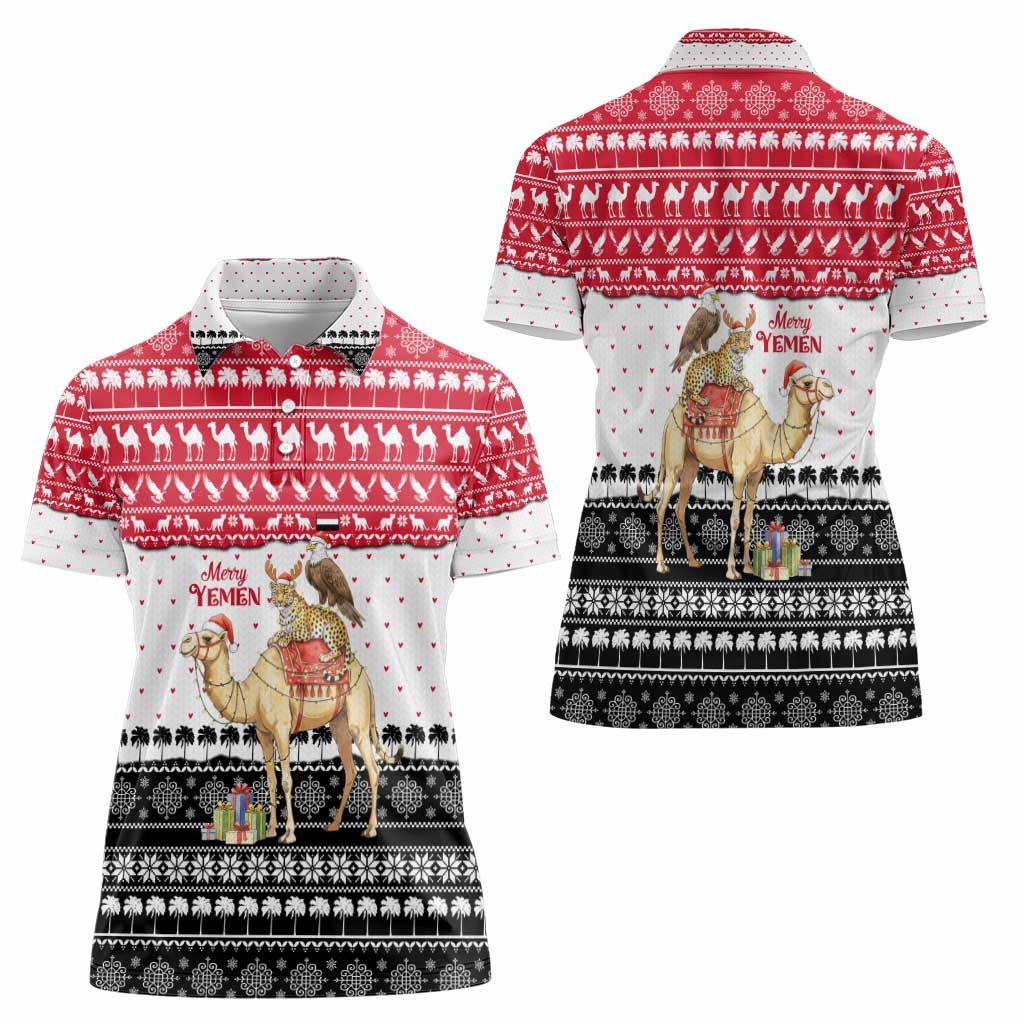Yemen Christmas Women Polo Shirt with Camel Leopard Falcon Red Black White Snowflake - Wonder Print Shop