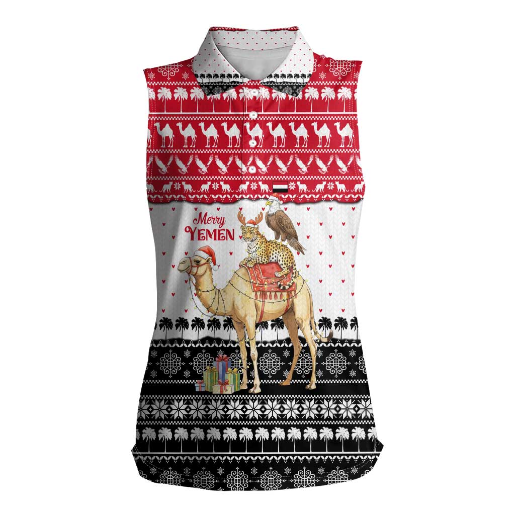 Yemen Christmas Women Sleeveless Polo Shirt with Camel Leopard Falcon Red Black White Snowflake - Wonder Print Shop