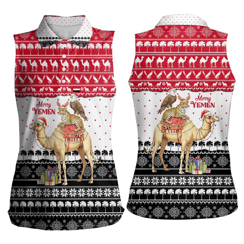 Yemen Christmas Women Sleeveless Polo Shirt with Camel Leopard Falcon Red Black White Snowflake - Wonder Print Shop