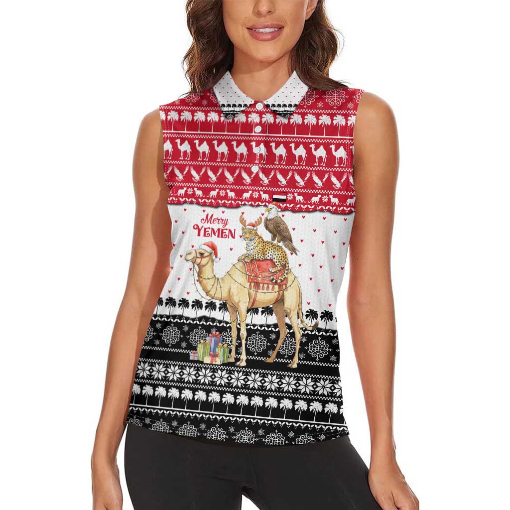 Yemen Christmas Women Sleeveless Polo Shirt with Camel Leopard Falcon Red Black White Snowflake - Wonder Print Shop