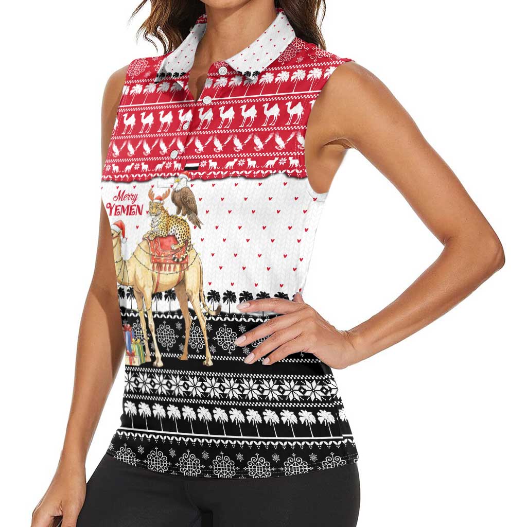 Yemen Christmas Women Sleeveless Polo Shirt with Camel Leopard Falcon Red Black White Snowflake - Wonder Print Shop