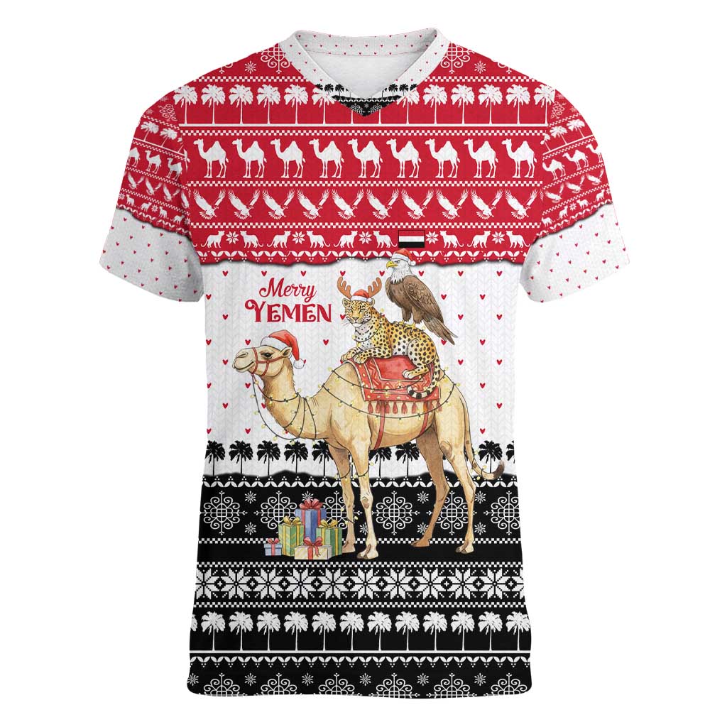 Yemen Christmas Women V-Neck T-Shirt with Camel Leopard Falcon Red Black White Snowflake - Wonder Print Shop