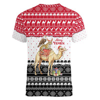 Yemen Christmas Women V-Neck T-Shirt with Camel Leopard Falcon Red Black White Snowflake - Wonder Print Shop