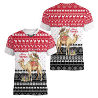 Yemen Christmas Women V-Neck T-Shirt with Camel Leopard Falcon Red Black White Snowflake - Wonder Print Shop