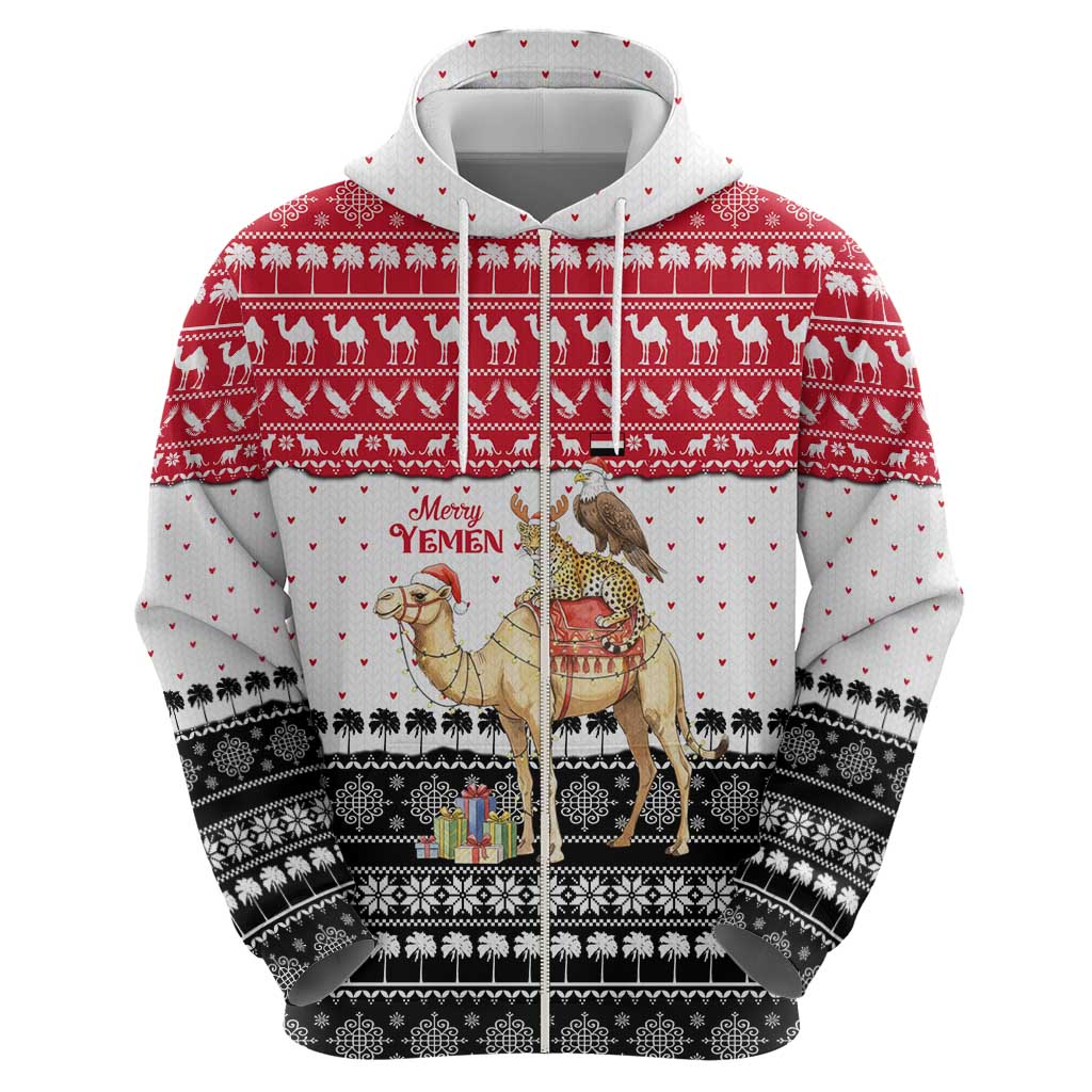 Yemen Christmas Zip Hoodie with Camel Leopard Falcon Red Black White Snowflake - Wonder Print Shop