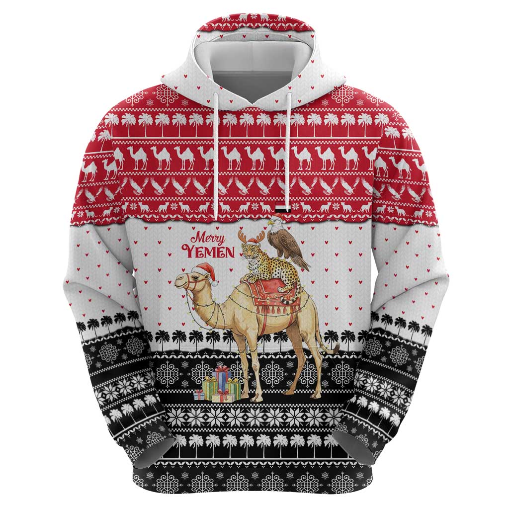 Yemen Christmas Zip Hoodie with Camel Leopard Falcon Red Black White Snowflake - Wonder Print Shop