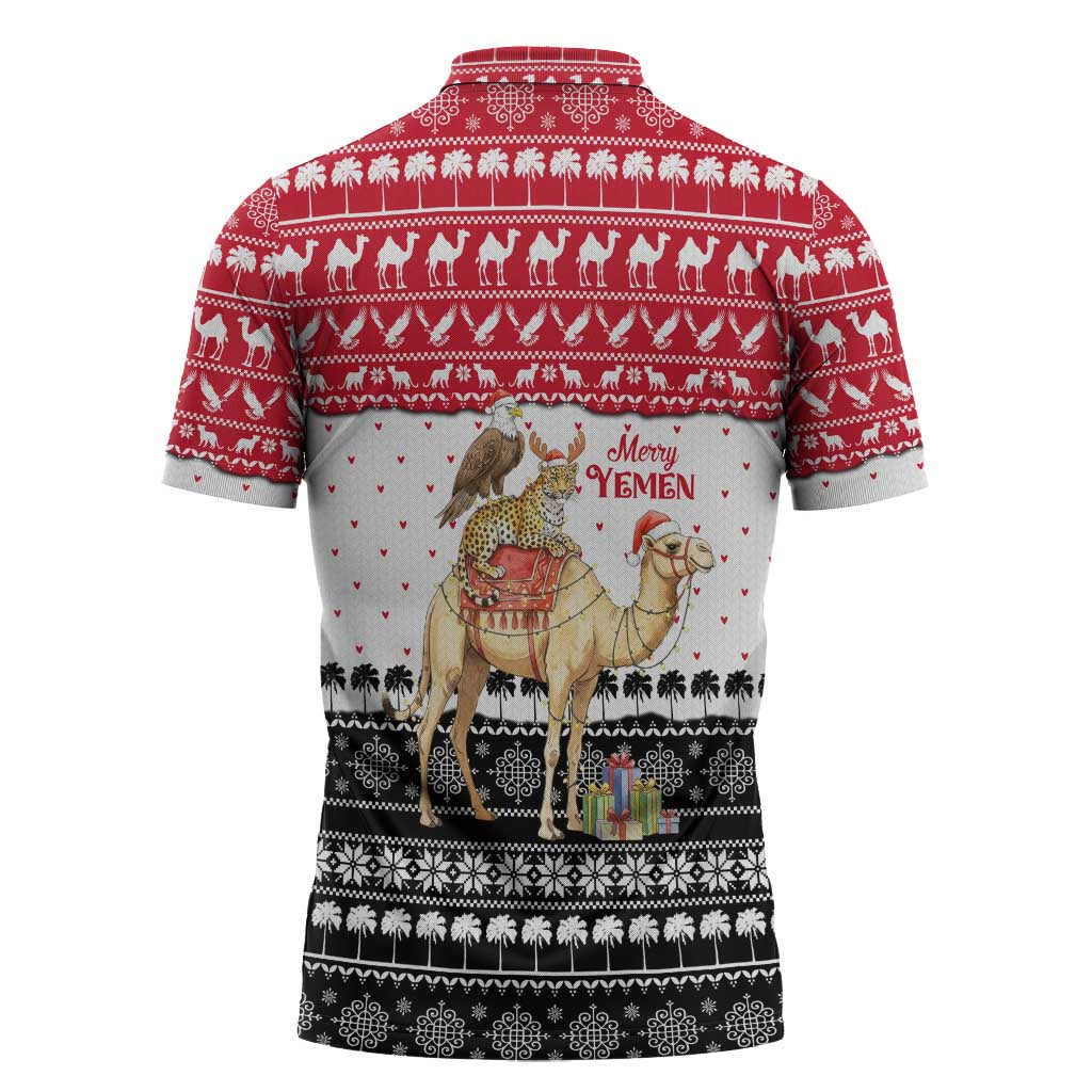 Yemen Christmas Zipper Polo Shirt with Camel Leopard Falcon Red Black White Snowflake - Wonder Print Shop