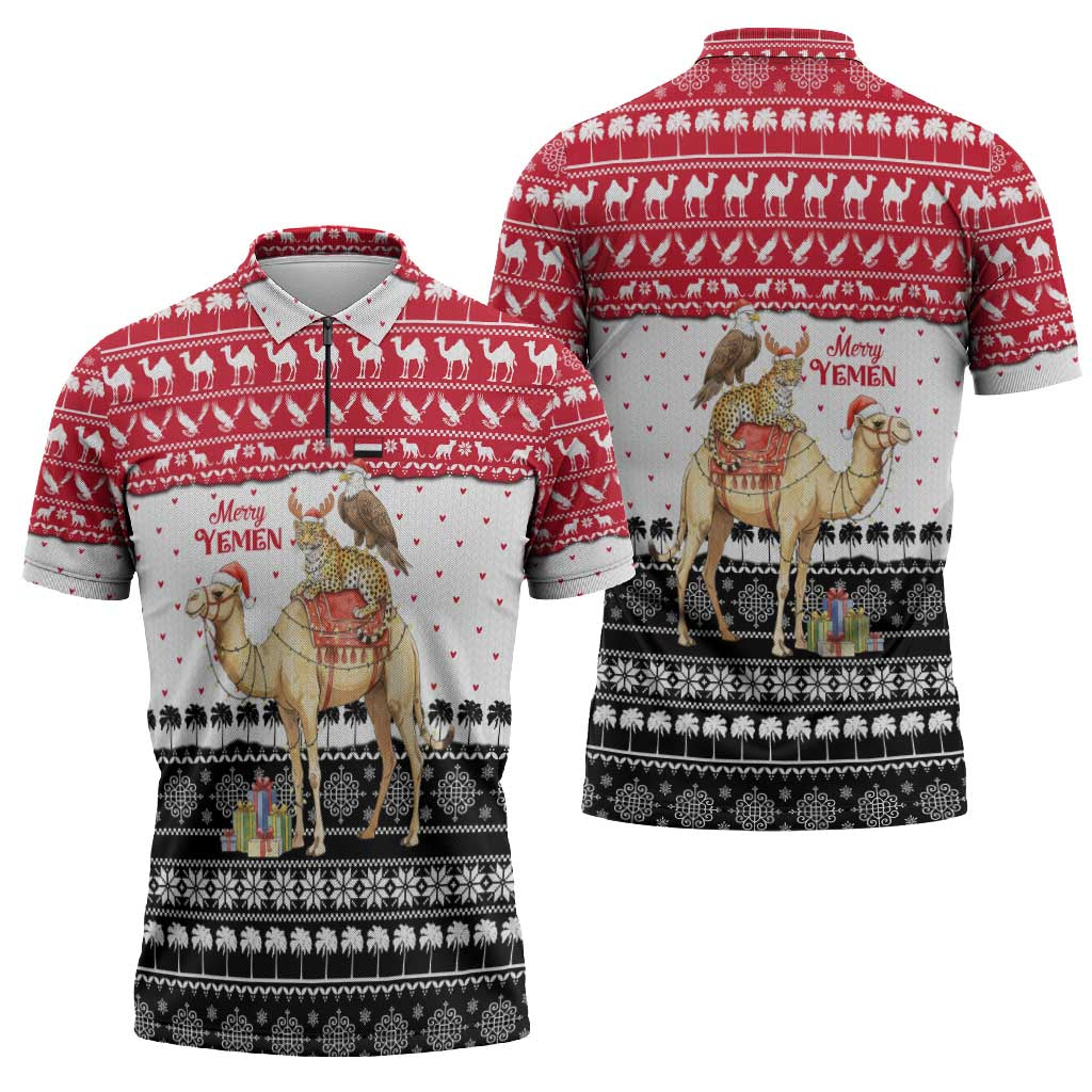 Yemen Christmas Zipper Polo Shirt with Camel Leopard Falcon Red Black White Snowflake - Wonder Print Shop