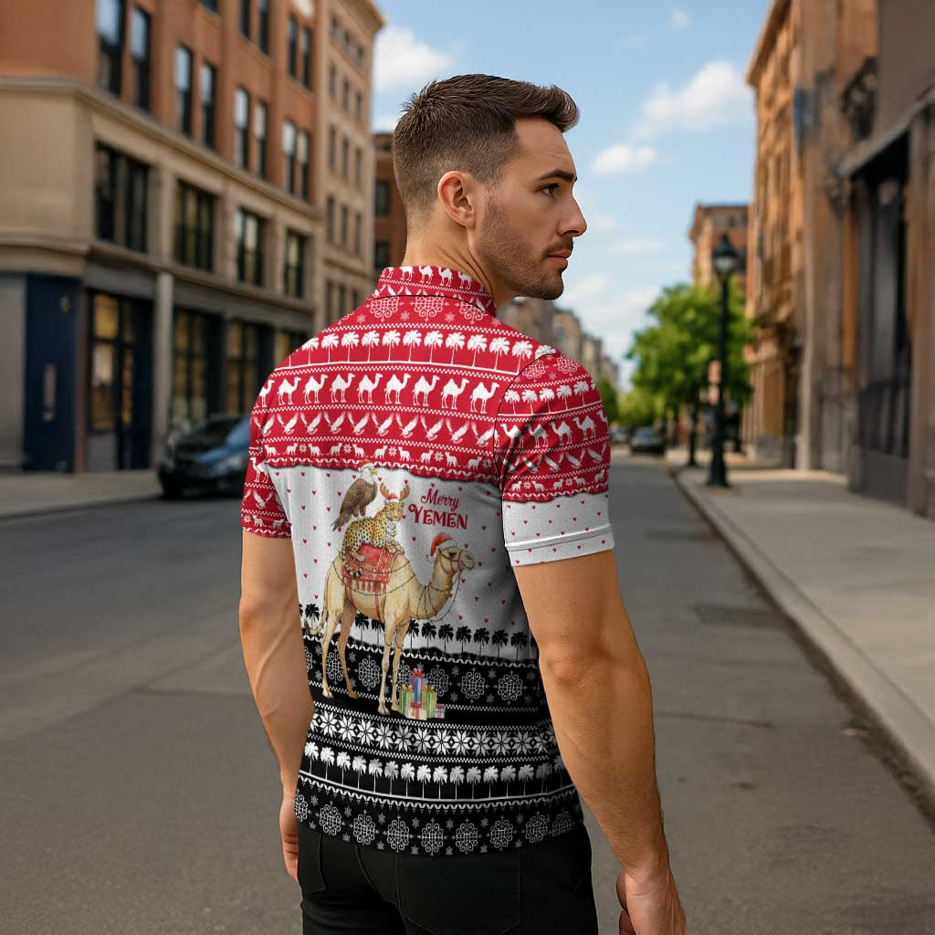 Yemen Christmas Zipper Polo Shirt with Camel Leopard Falcon Red Black White Snowflake - Wonder Print Shop