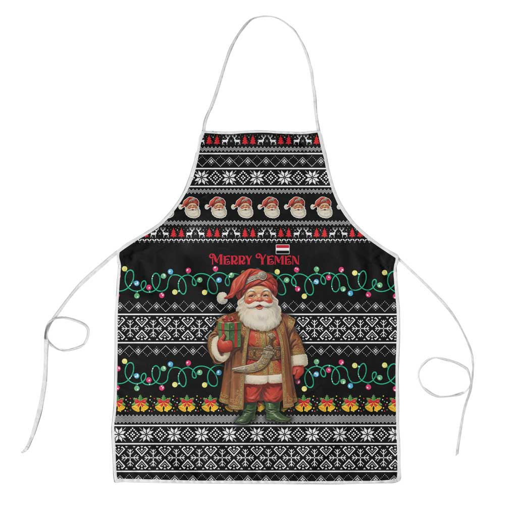 Yemen Christmas Apron with Traditional Santa Black Snowflake Pattern and Festive Lights - Wonder Print Shop