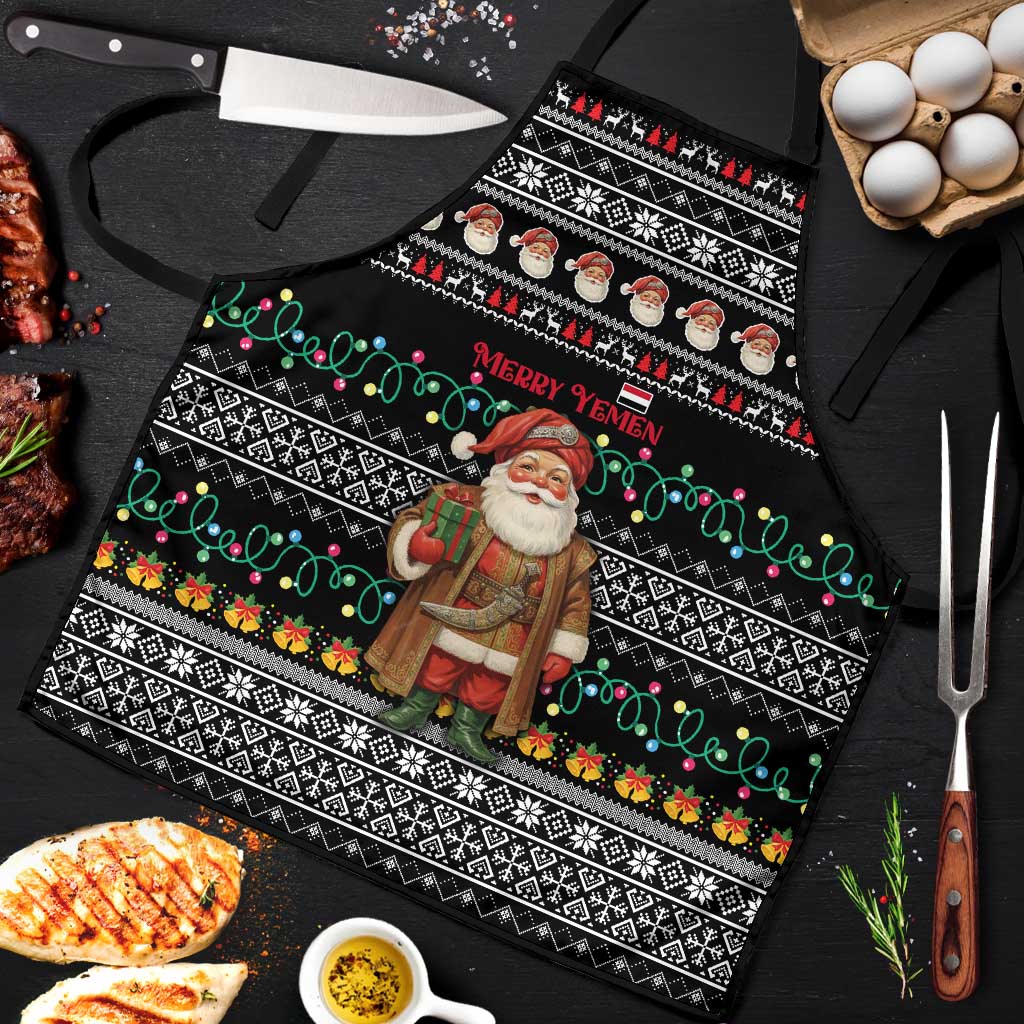 Yemen Christmas Apron with Traditional Santa Black Snowflake Pattern and Festive Lights - Wonder Print Shop